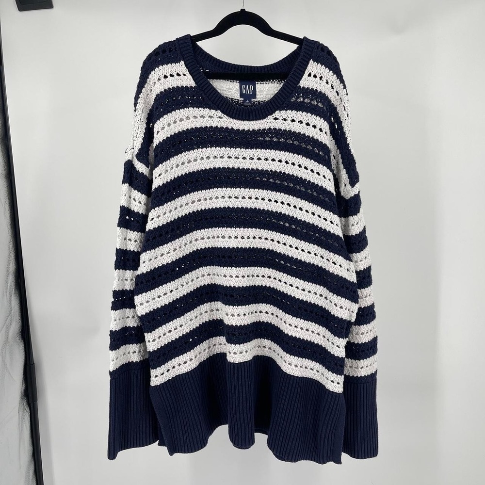 GAP Women's L Coastal Striped Chunky Knit Sweater Cotton Sailor Fisherman Navy